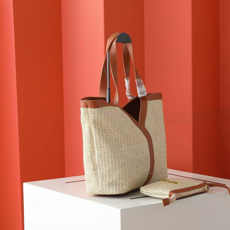 Raffia Tote Bag with Genuine Leather Trim and Pouch