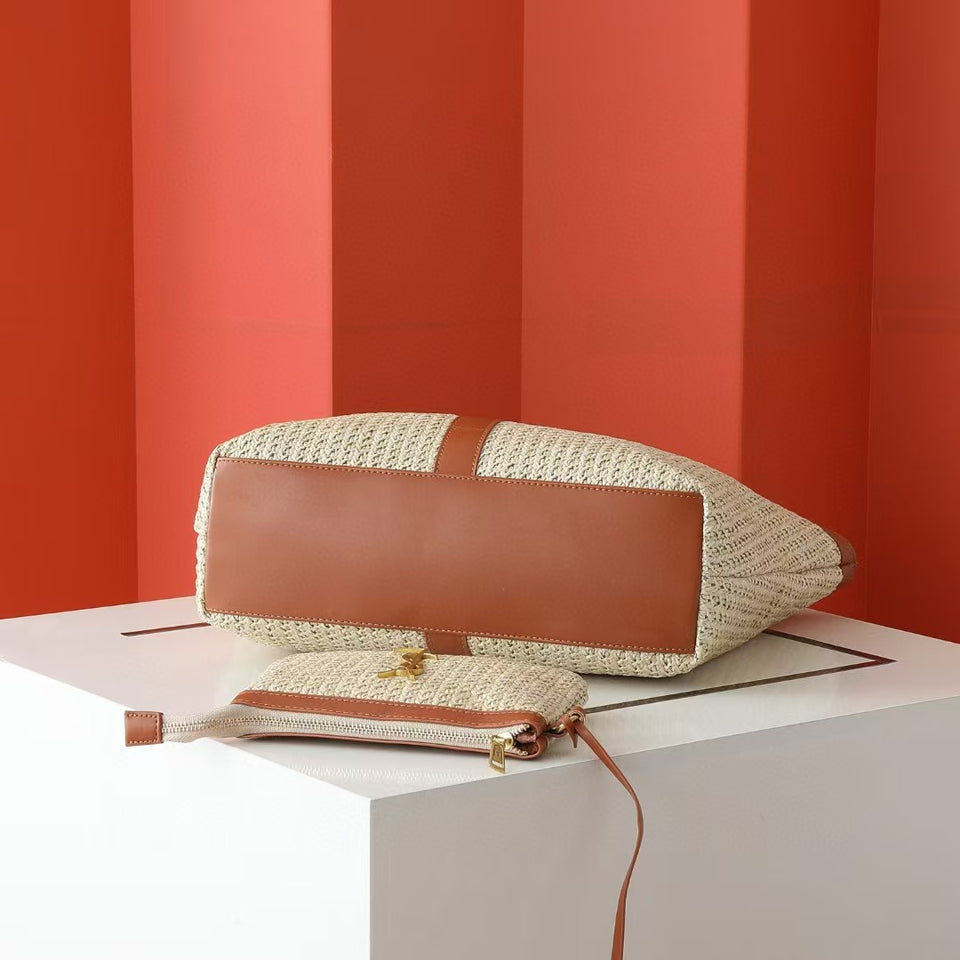 Raffia Tote Bag with Genuine Leather Trim and Pouch